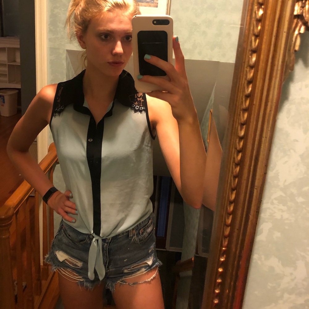 Turquoise and Black Lace Blouse